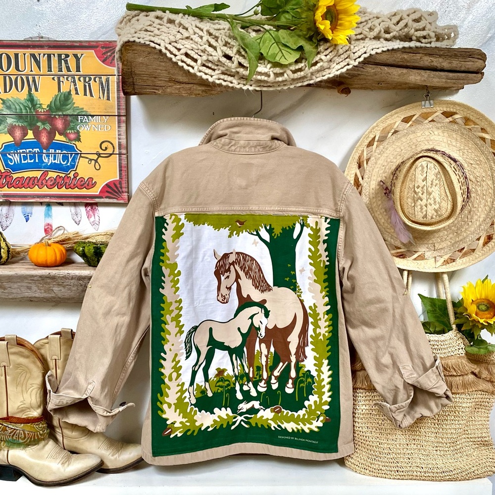 Upcycled By The Beautiful @beyoushop! Boho Western Beige Jacket with Horse Patch - Picture 2 of 14